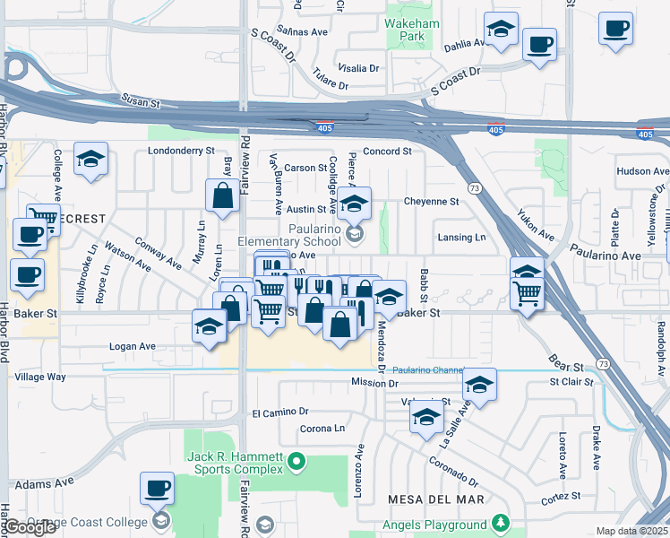 map of restaurants, bars, coffee shops, grocery stores, and more near 1060 Paularino Avenue in Costa Mesa