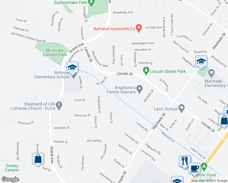 map of restaurants, bars, coffee shops, grocery stores, and more near 15127 Mimosa Drive in Lake Elsinore