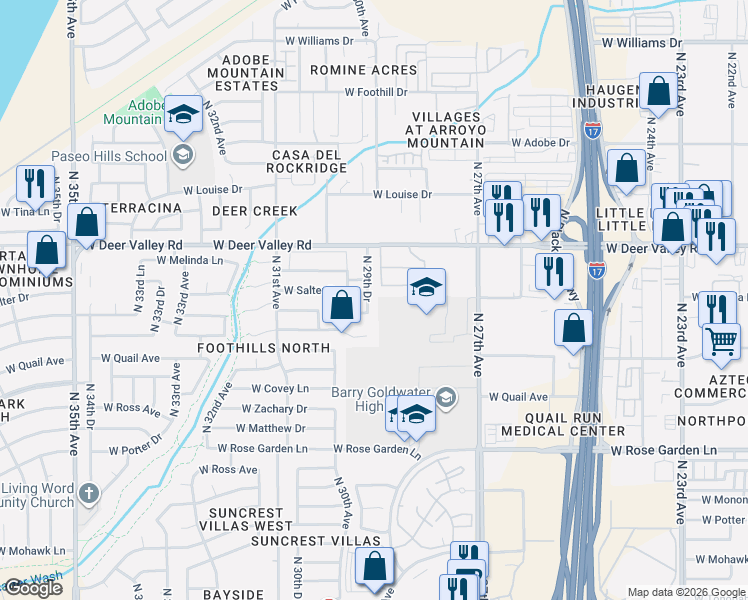 map of restaurants, bars, coffee shops, grocery stores, and more near 21615 North 29th Drive in Phoenix
