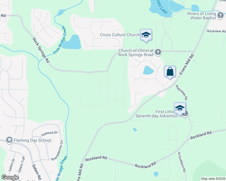 map of restaurants, bars, coffee shops, grocery stores, and more near 6251 Rock Springs Road in Lithonia