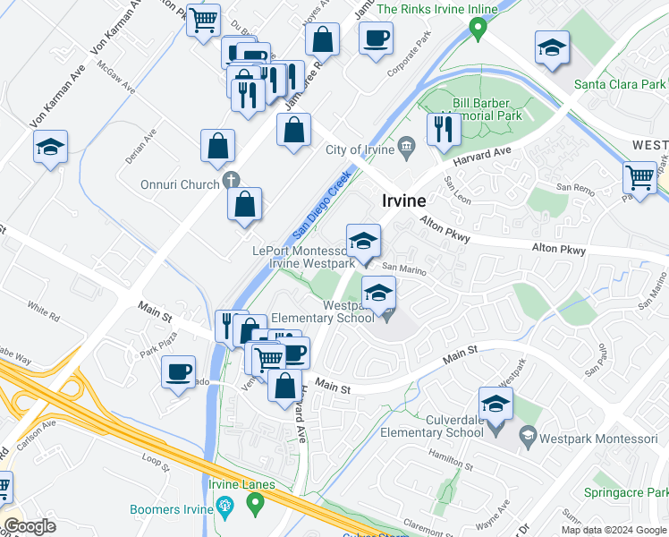 map of restaurants, bars, coffee shops, grocery stores, and more near 83 Alberti Aisle in Irvine