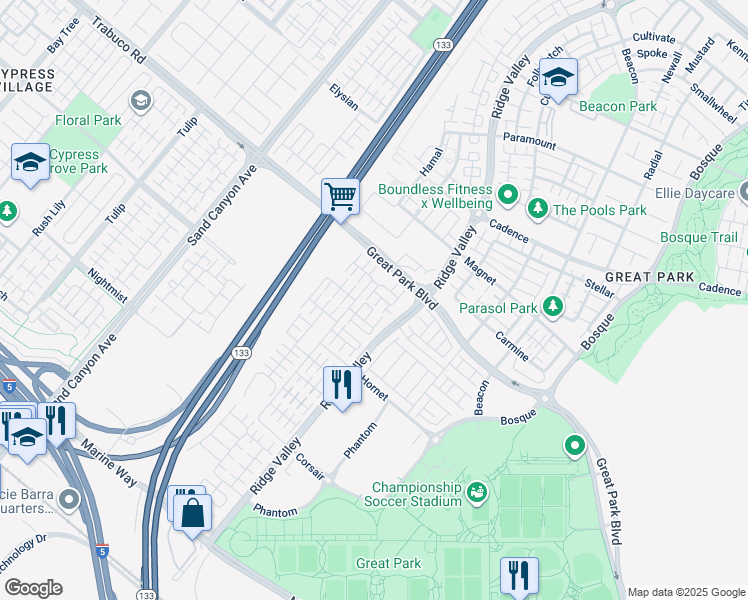 map of restaurants, bars, coffee shops, grocery stores, and more near 133 Okra in Irvine