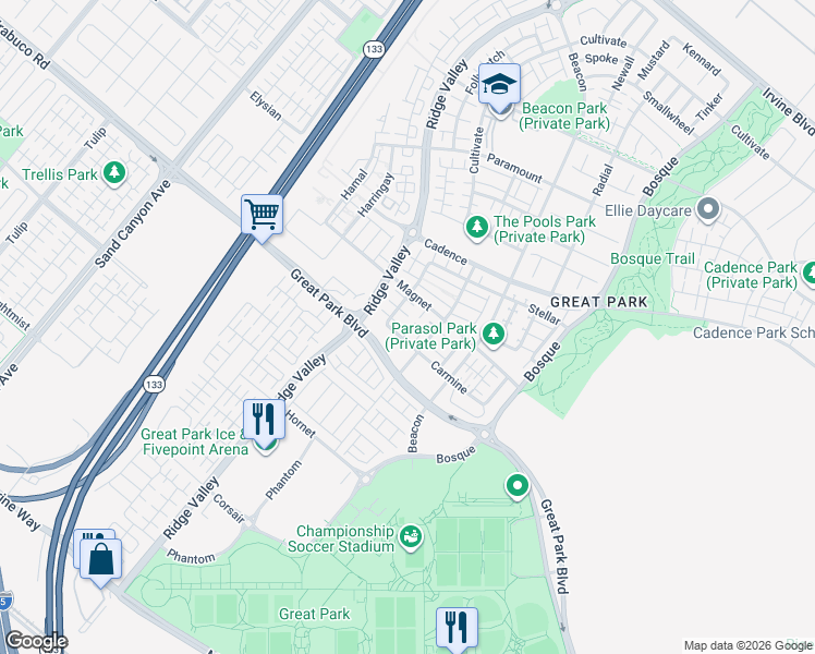 map of restaurants, bars, coffee shops, grocery stores, and more near 111 Carmine in Irvine