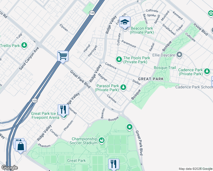 map of restaurants, bars, coffee shops, grocery stores, and more near 130 Interval in Irvine