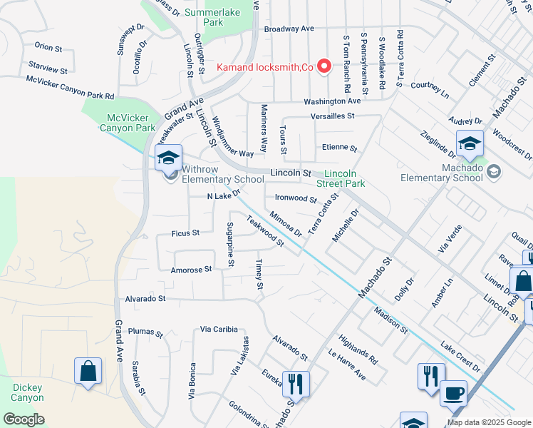map of restaurants, bars, coffee shops, grocery stores, and more near 30025 Carob Street in Lake Elsinore