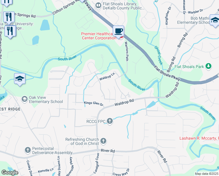 map of restaurants, bars, coffee shops, grocery stores, and more near 3464 Kingswood Trail in Decatur