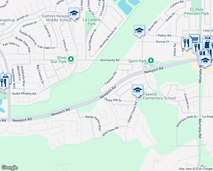 map of restaurants, bars, coffee shops, grocery stores, and more near 25179 Renegade Court in Menifee