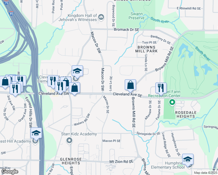 map of restaurants, bars, coffee shops, grocery stores, and more near 2673 Lois Lane Southeast in Atlanta