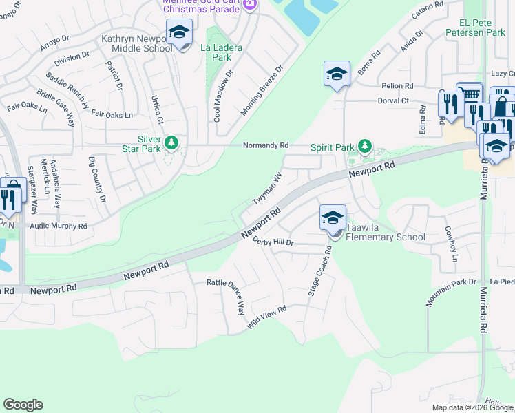 map of restaurants, bars, coffee shops, grocery stores, and more near 25179 Renegade Court in Menifee