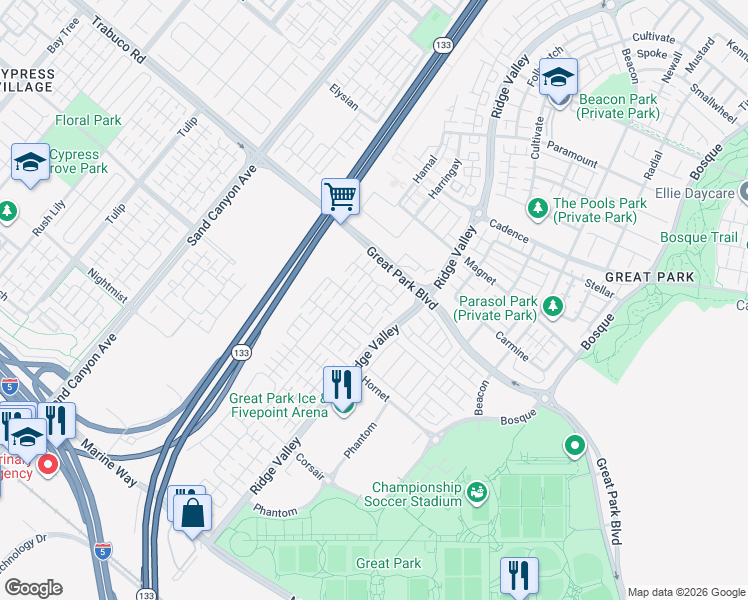 map of restaurants, bars, coffee shops, grocery stores, and more near 133 Okra in Irvine