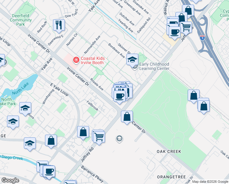 map of restaurants, bars, coffee shops, grocery stores, and more near 15422 Alsace Circle in Irvine