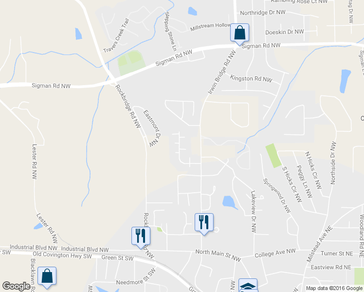 map of restaurants, bars, coffee shops, grocery stores, and more near 1453 Forest Villa Drive Northwest in Conyers