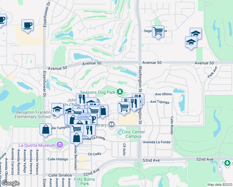 map of restaurants, bars, coffee shops, grocery stores, and more near 78295 Cloud View Way in La Quinta