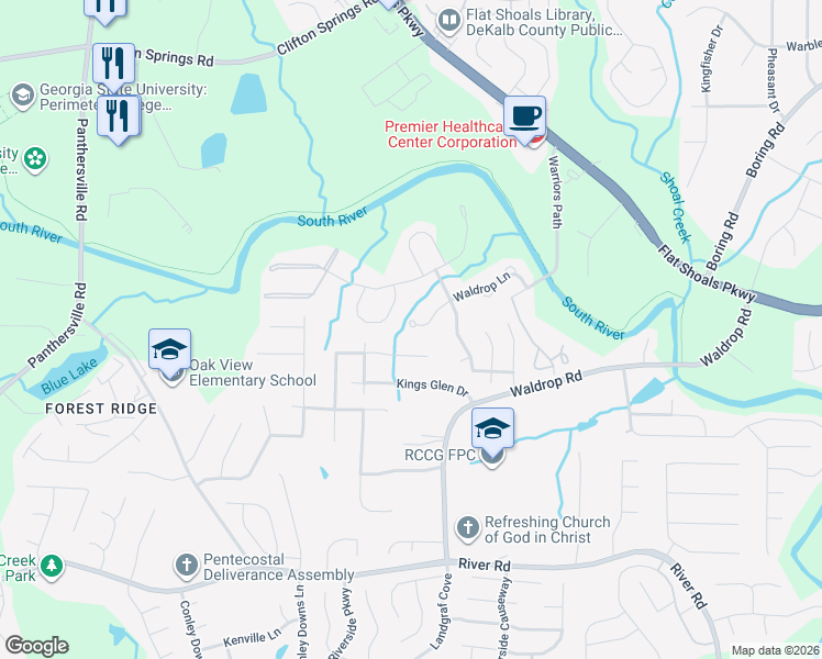 map of restaurants, bars, coffee shops, grocery stores, and more near 3916 Waldrop Lane in Decatur