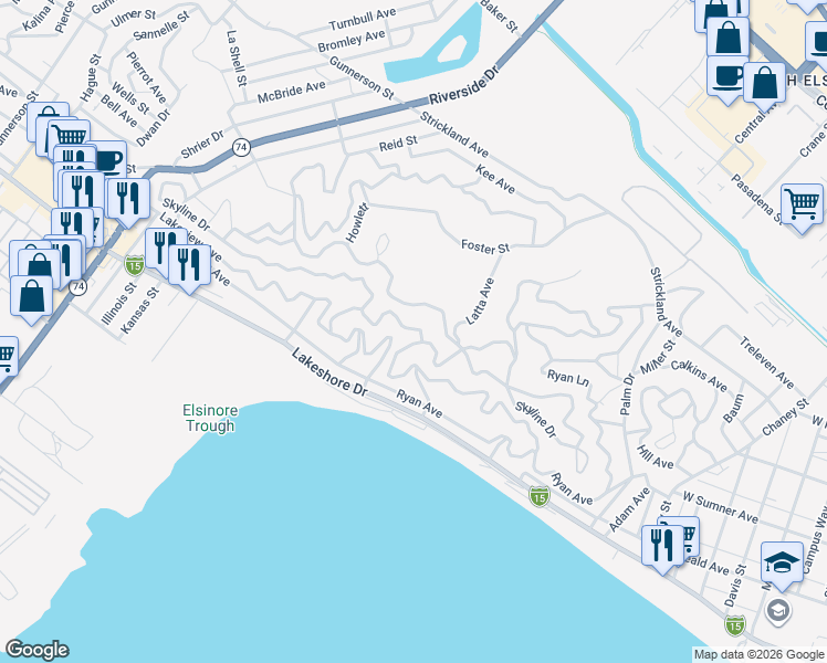 map of restaurants, bars, coffee shops, grocery stores, and more near Skyline Drive in Lake Elsinore