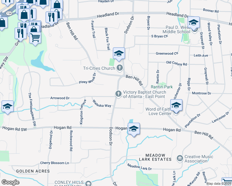 map of restaurants, bars, coffee shops, grocery stores, and more near 2685 Dodson Drive in East Point