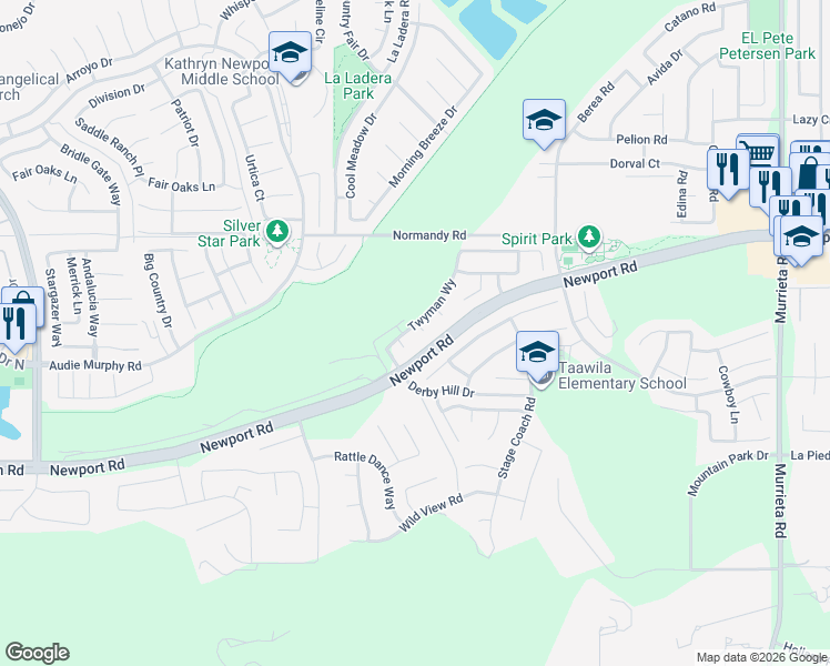 map of restaurants, bars, coffee shops, grocery stores, and more near 25179 Renegade Court in Menifee