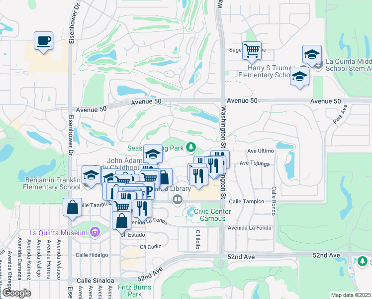 map of restaurants, bars, coffee shops, grocery stores, and more near 78295 Cloud View Way in La Quinta