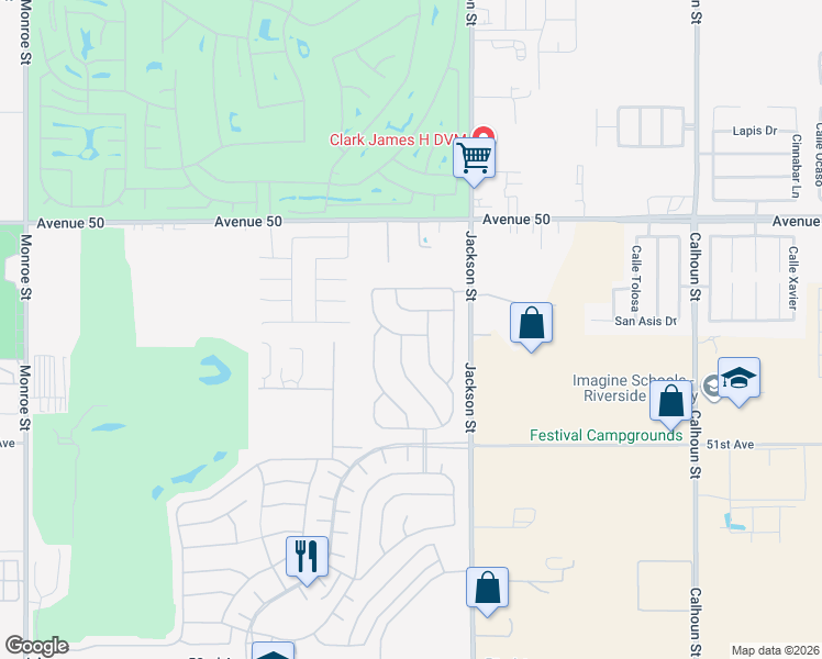 map of restaurants, bars, coffee shops, grocery stores, and more near 82720 Timber Creek Way in Indio