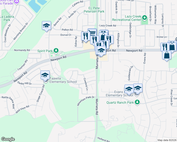 map of restaurants, bars, coffee shops, grocery stores, and more near 25920 Caravan Court in Menifee