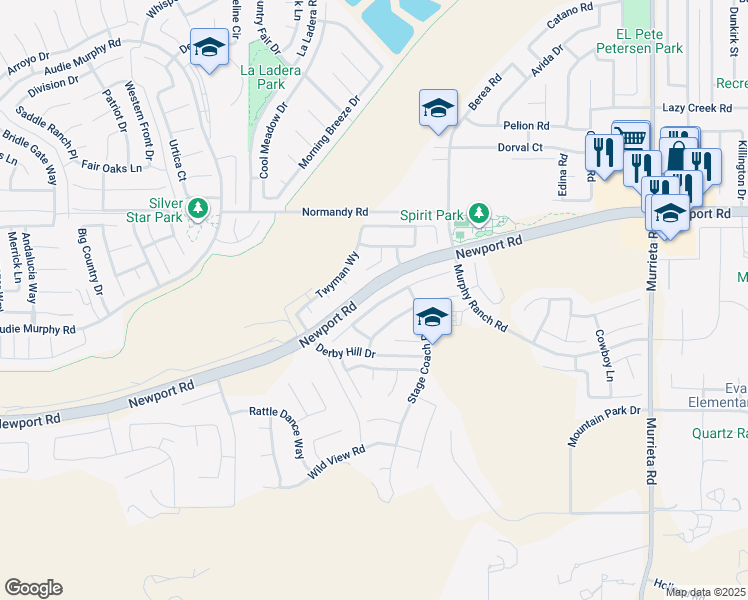 map of restaurants, bars, coffee shops, grocery stores, and more near 25322 Lone Acres Road in Menifee