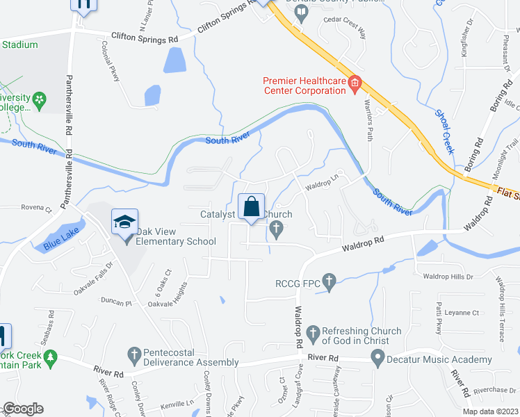 map of restaurants, bars, coffee shops, grocery stores, and more near 3527 Waldrop Trail in Decatur