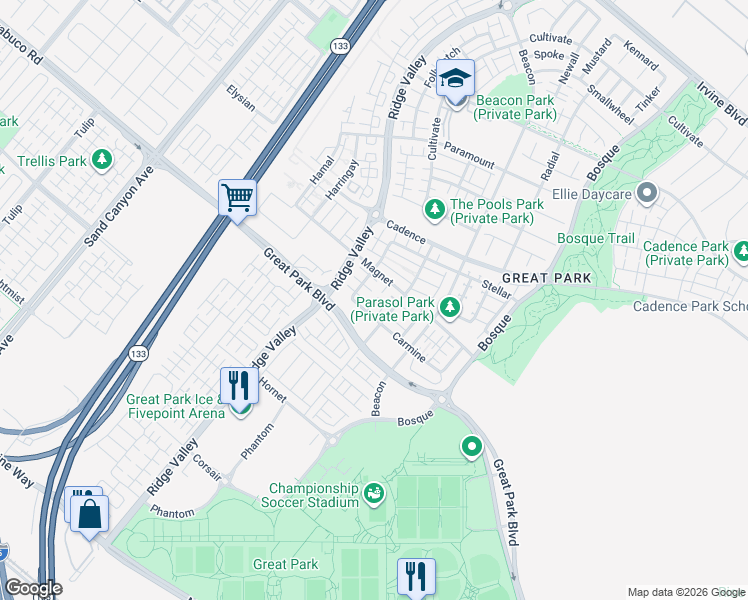map of restaurants, bars, coffee shops, grocery stores, and more near 111 Carmine in Irvine