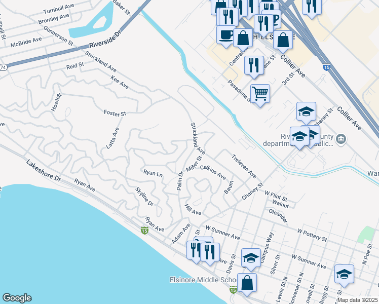 map of restaurants, bars, coffee shops, grocery stores, and more near Palm Drive in Lake Elsinore
