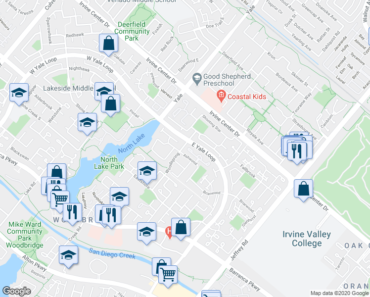 map of restaurants, bars, coffee shops, grocery stores, and more near 47 Willowgrove in Irvine