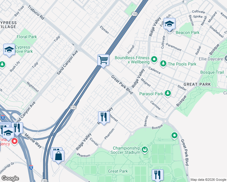 map of restaurants, bars, coffee shops, grocery stores, and more near 133 Okra in Irvine