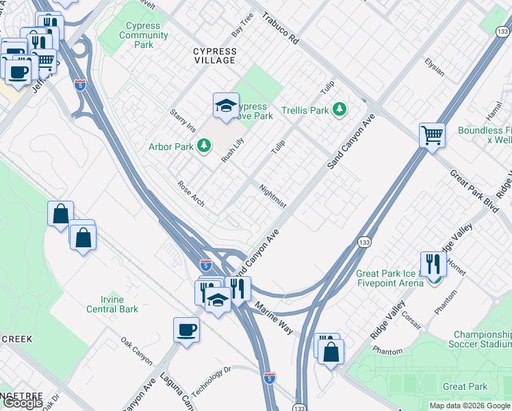 map of restaurants, bars, coffee shops, grocery stores, and more near 121 Tallowood in Irvine