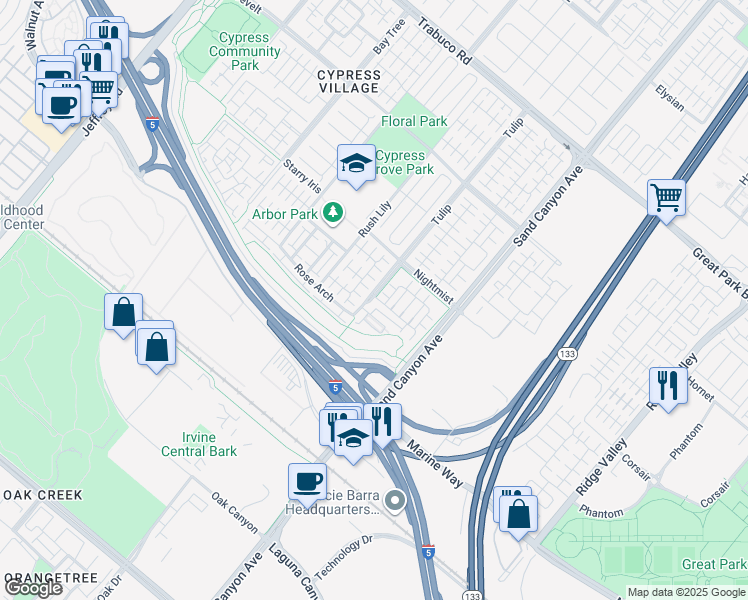 map of restaurants, bars, coffee shops, grocery stores, and more near 57 Bay Laurel in Irvine