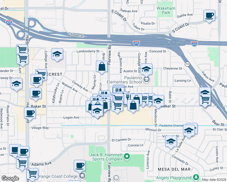 map of restaurants, bars, coffee shops, grocery stores, and more near 1198 Paularino Avenue in Costa Mesa