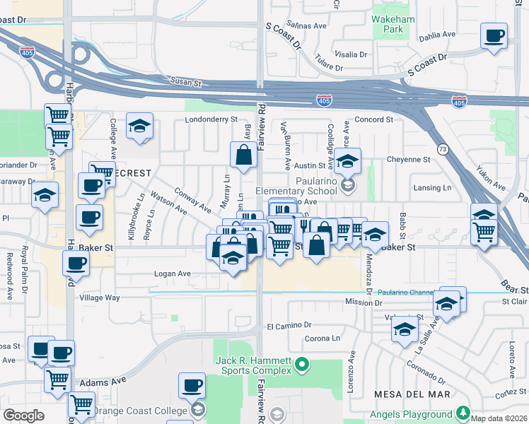 map of restaurants, bars, coffee shops, grocery stores, and more near 1198 Paularino Avenue in Costa Mesa