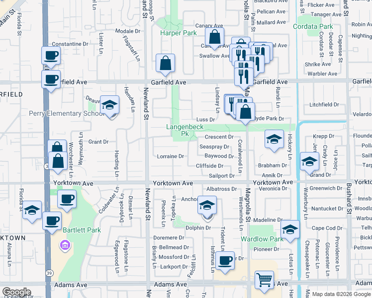 map of restaurants, bars, coffee shops, grocery stores, and more near 8721 Suncoral Drive in Huntington Beach