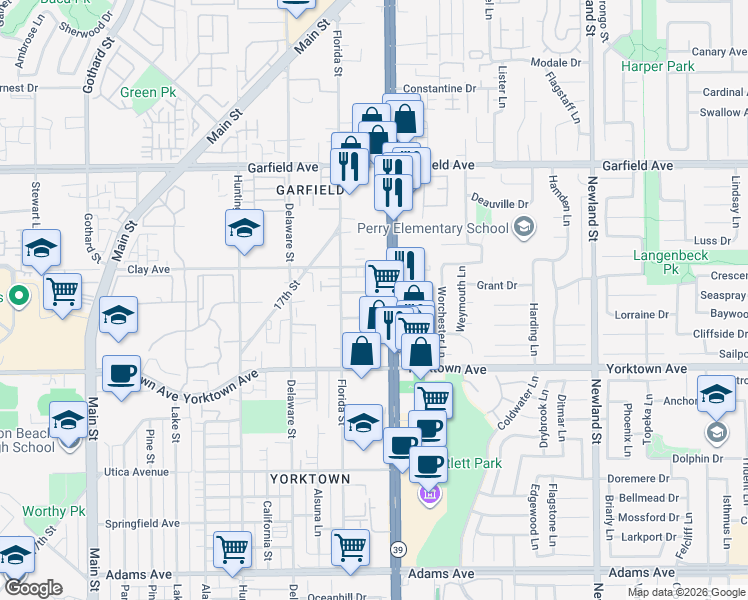 map of restaurants, bars, coffee shops, grocery stores, and more near 719 Owen Drive in Huntington Beach