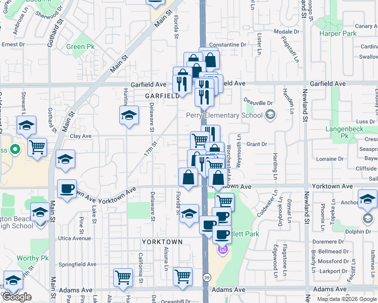 map of restaurants, bars, coffee shops, grocery stores, and more near 719 Owen Drive in Huntington Beach