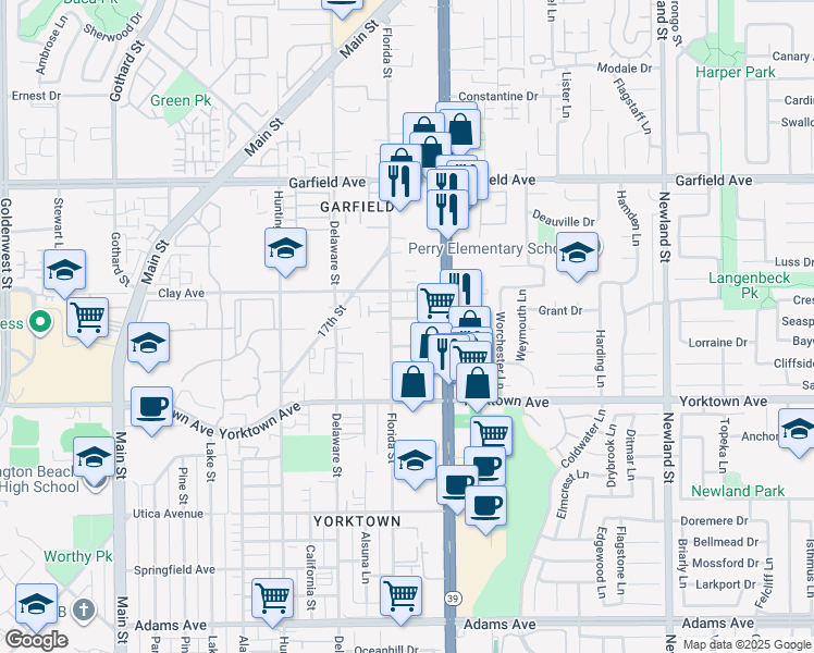 map of restaurants, bars, coffee shops, grocery stores, and more near 719 Owen Drive in Huntington Beach