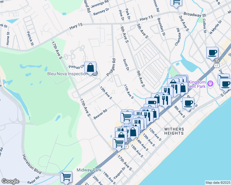 map of restaurants, bars, coffee shops, grocery stores, and more near 722 Sandridge Place in Myrtle Beach