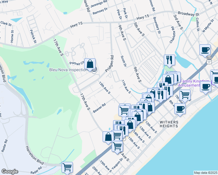map of restaurants, bars, coffee shops, grocery stores, and more near 1203 Erin Way in Myrtle Beach