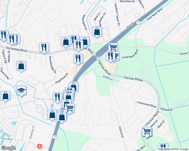 map of restaurants, bars, coffee shops, grocery stores, and more near 2222 Crow Lane in Myrtle Beach