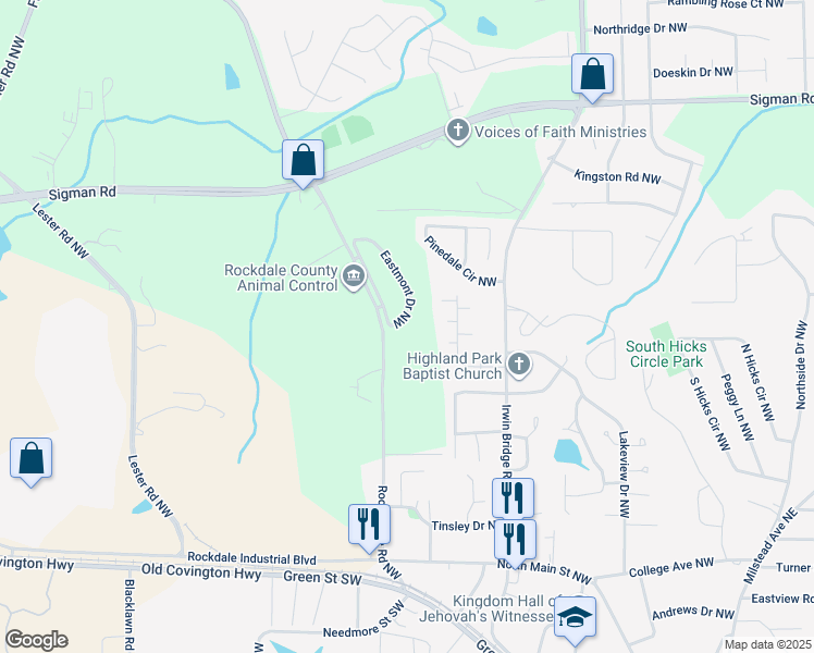 map of restaurants, bars, coffee shops, grocery stores, and more near 1418 Eastmont Drive Northwest in Conyers