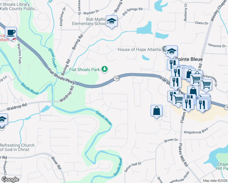 map of restaurants, bars, coffee shops, grocery stores, and more near 4549 Flat Shoals Parkway in Decatur