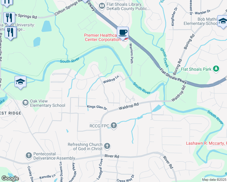 map of restaurants, bars, coffee shops, grocery stores, and more near 3464 Kingswood Trail in Decatur
