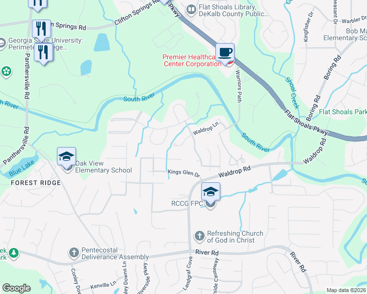 map of restaurants, bars, coffee shops, grocery stores, and more near 3890 Waldrop Lane in Decatur