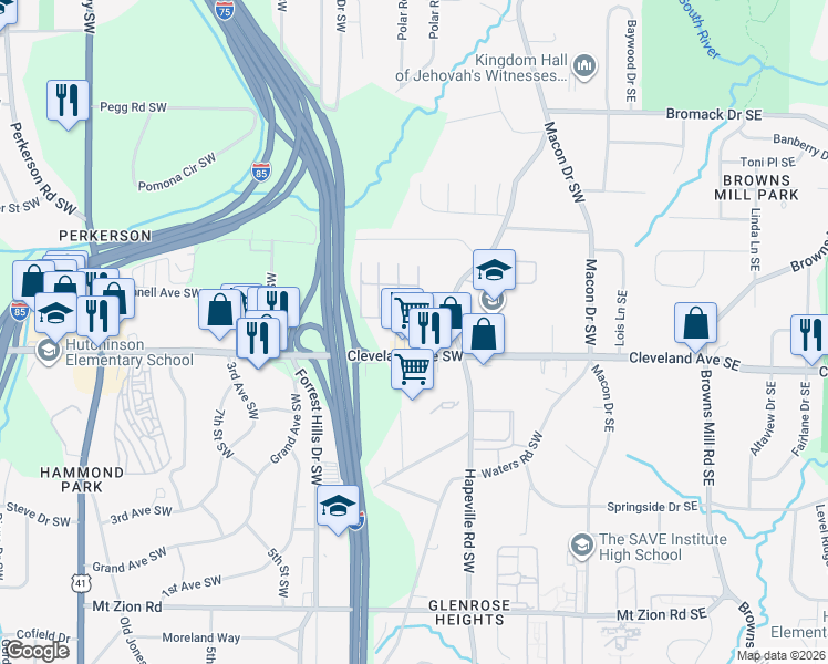 map of restaurants, bars, coffee shops, grocery stores, and more near 2612 Steele Avenue Southwest in Atlanta
