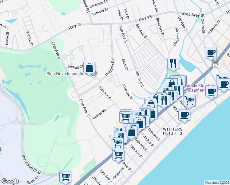 map of restaurants, bars, coffee shops, grocery stores, and more near 1210 Benna Drive in Myrtle Beach