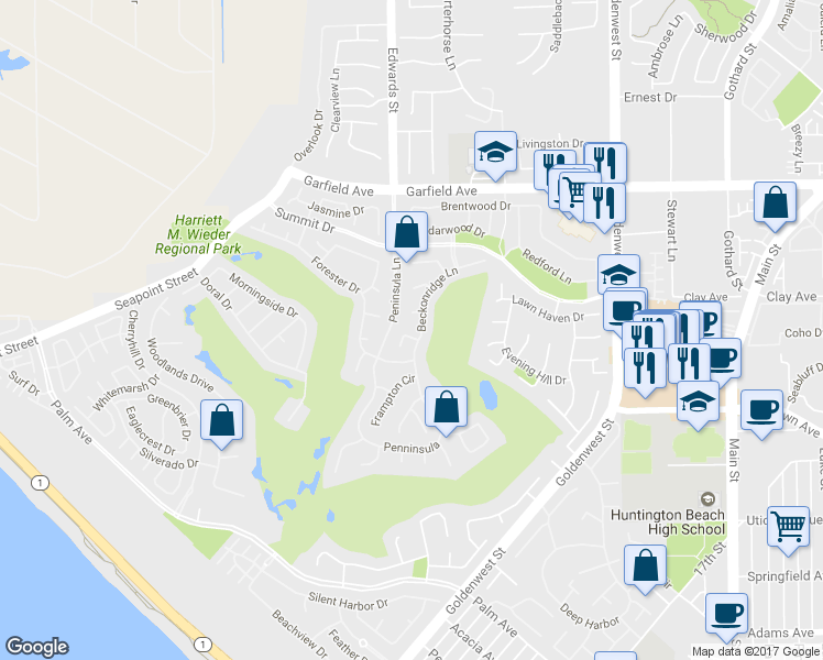 map of restaurants, bars, coffee shops, grocery stores, and more near 6535 Park Royal Circle in Huntington Beach