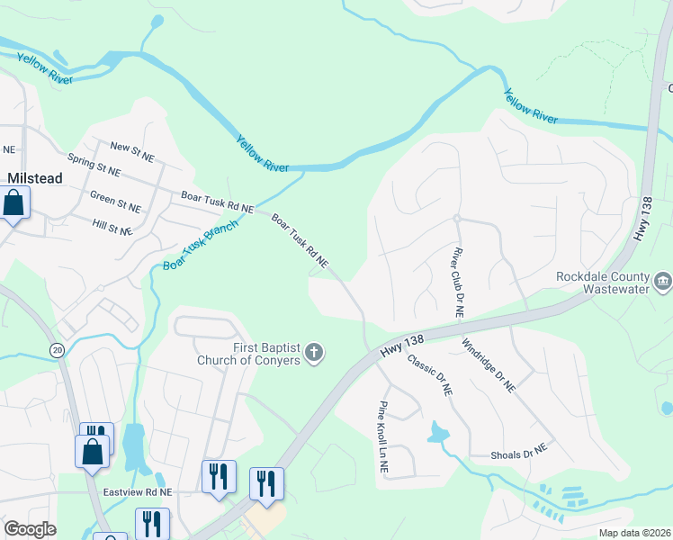 map of restaurants, bars, coffee shops, grocery stores, and more near 2082 Boar Tusk Road Northeast in Conyers
