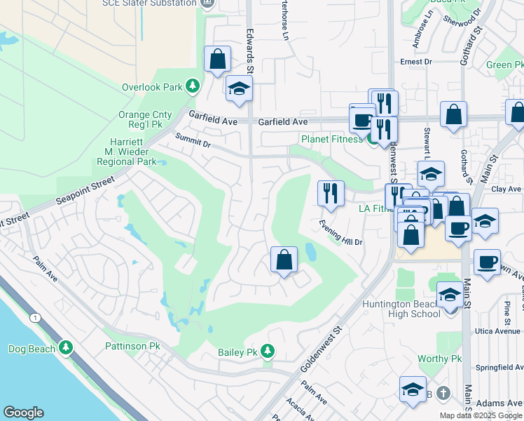 map of restaurants, bars, coffee shops, grocery stores, and more near 6535 Park Royal Circle in Huntington Beach